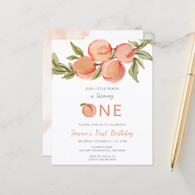 Budget One Sweet Peach First Birthday Einladung (Vorderseite/Rückseite Beispiel)