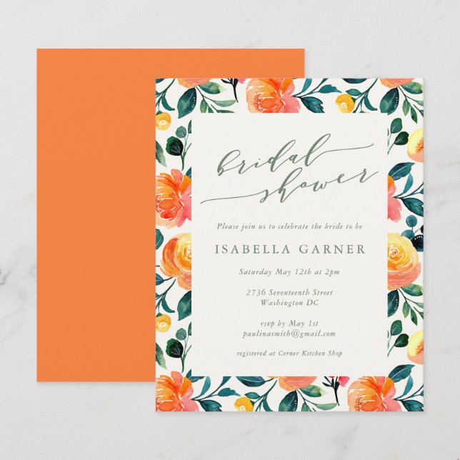 Budget Orange Floral Art Brautparty Einladung (Vorne/Hinten)