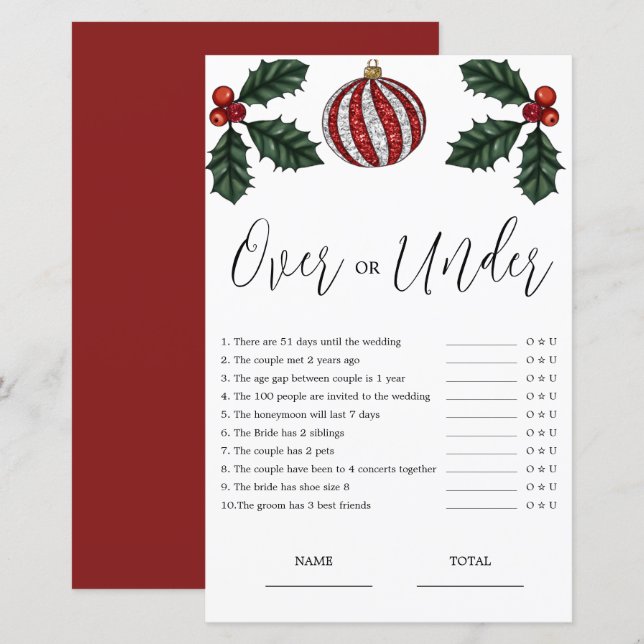 Budget Over oder Under Christmas Bridal Game (Vorne/Hinten)