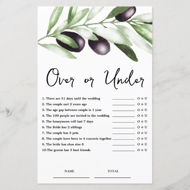 Budget Over oder Under Olive Brautparty Game (Vorderseite)