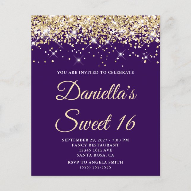 Budget Pale Gold Glitzer Lila Sweet 16 Einladung (Vorderseite)