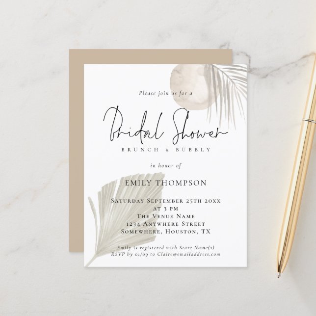 Budget Pampas Brunch Bubbly Brautparty Einladung (Vorderseite/Rückseite Beispiel)