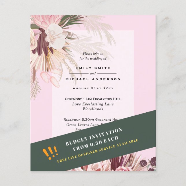 BUDGET Pampas Grass Burgundy Pink Wedding Einladun Flyer (Vorne)