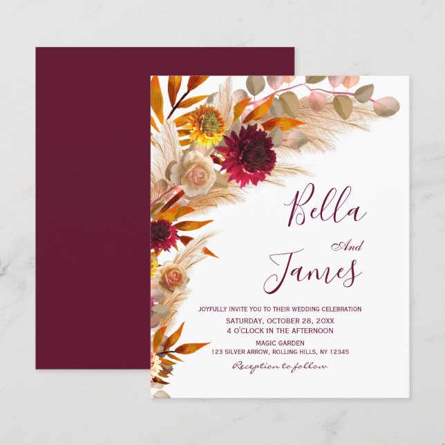 Budget Pampas Grass Floral Boho Hochzeitseinladung (Vorne/Hinten)
