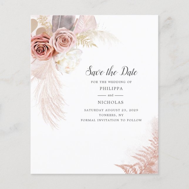 Budget Pampas Grass Floral Script Save the Date (Vorderseite)