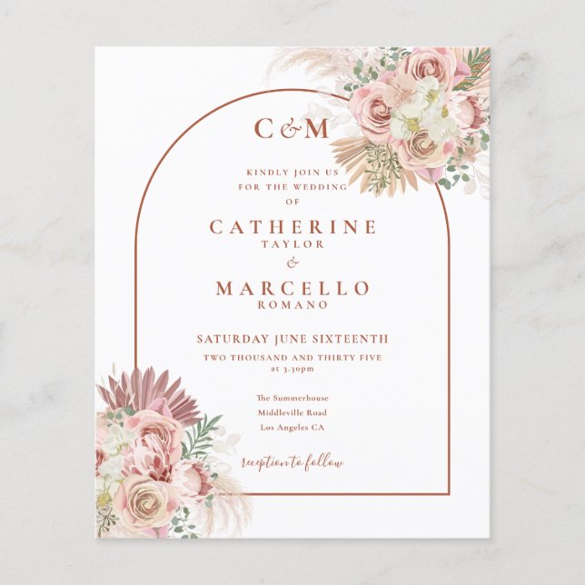 Budget Pampas Grass Monogram Wedding Einladung (Vorderseite)
