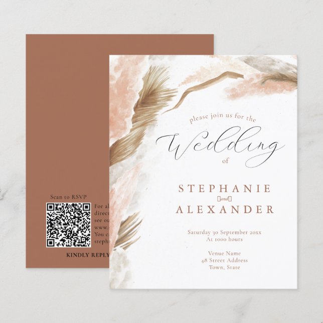 Budget Pampas Grass Terracotta QR Wedite Einladung (Vorne/Hinten)