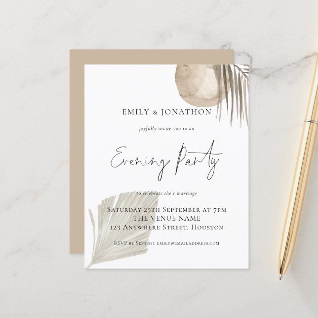 Budget Pampas Script Wedding Abend Party Einladung (Vorderseite/Rückseite Beispiel)