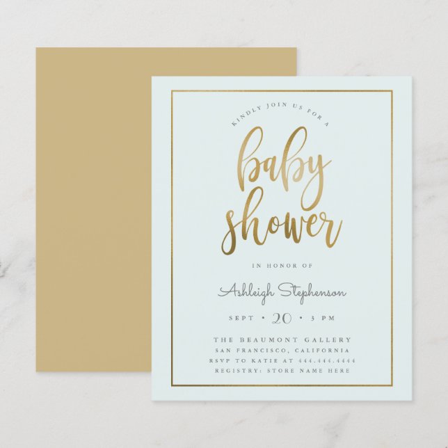 Budget Pastel Blue Gold Typografie Boy Baby Dusche (Vorne/Hinten)