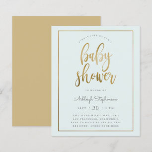 Budget Pastel Blue Gold Typografie Boy Baby Dusche