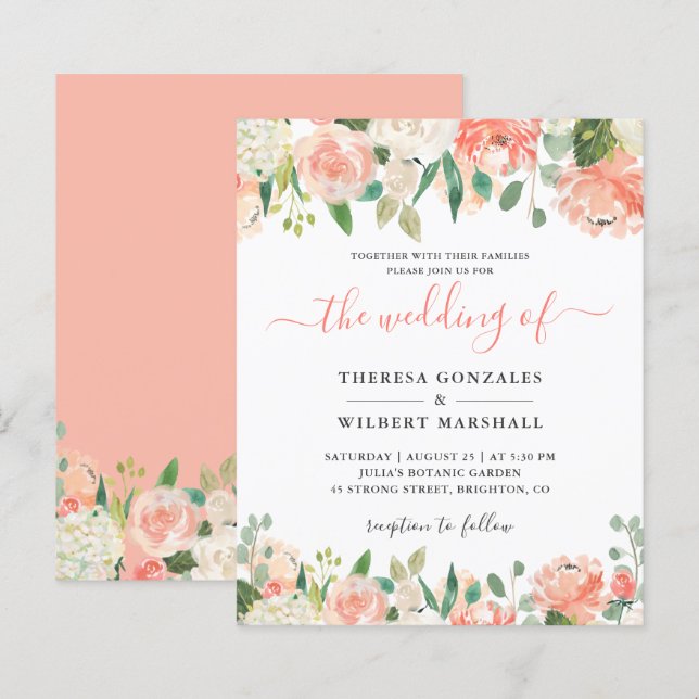 Budget Pastel Coral und Peach Wedding Einladung (Vorne/Hinten)