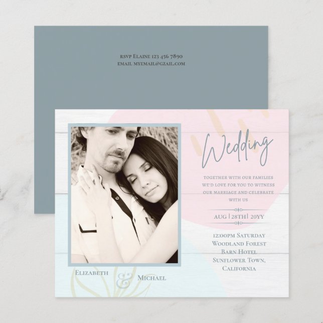 BUDGET Pastel Pink Blue Foto Hochzeit Einladung (Vorne/Hinten)