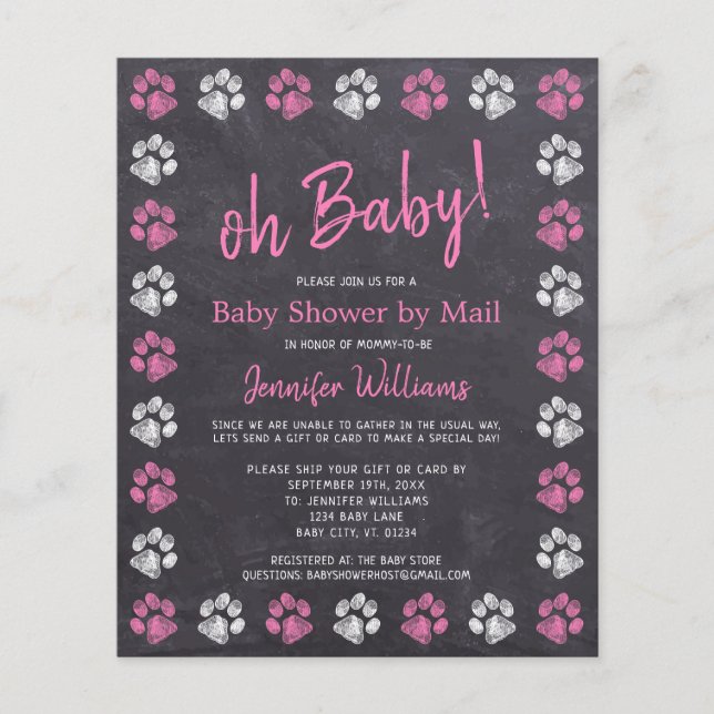 Budget Paw Print Pink Girl Baby Dusche per Mail (Vorderseite)