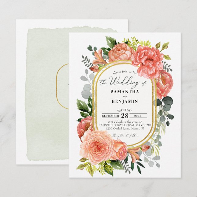 Budget Peach Blush Floral Gold Moderne Hochzeit    Einladung (Vorne/Hinten)