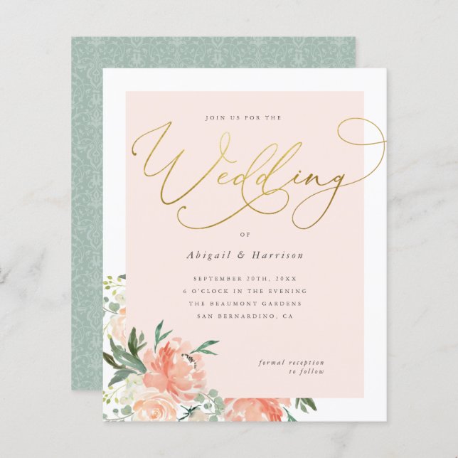 Budget Peach Blush & Gold Script Blues Hochzeit (Vorne/Hinten)