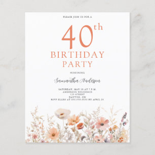 Budget Peach Floral 40. Geburtstag Einladung Flyer