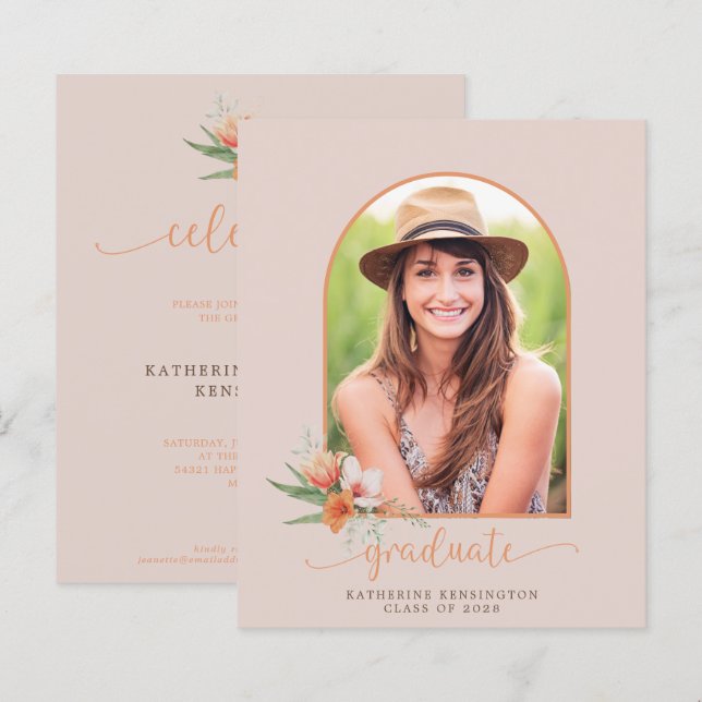 Budget Peach Floral Boho Arch Abschluss Einladung (Vorne/Hinten)