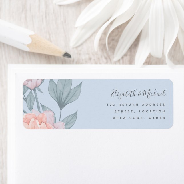Budget Peach floral Dusty Blue Sage Leaf Hochzeit (Insitu)