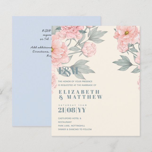 Budget Peach floral Dusty Blue Sage Leaf Hochzeit (Vorne/Hinten)