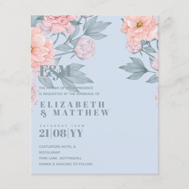 Budget Peach floral Dusty Blue Sage Leaf Hochzeit Flyer (Vorne)