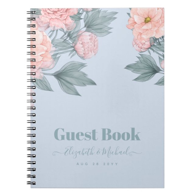 Budget Peach floral Dusty Blue Sage Leaf Hochzeit Notizblock (Vorderseite)