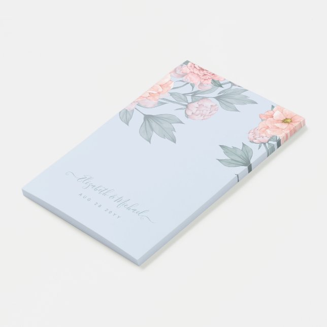 Budget Peach floral Dusty Blue Sage Leaf Hochzeit Post-it Klebezettel (angewinkelt)