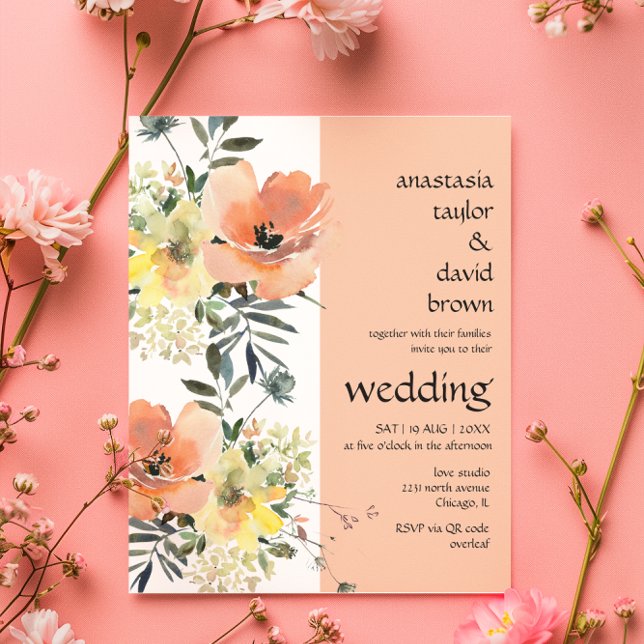 Budget Peach Floral QR Code Hochzeitsempfehlung (Von Creator hochgeladen)