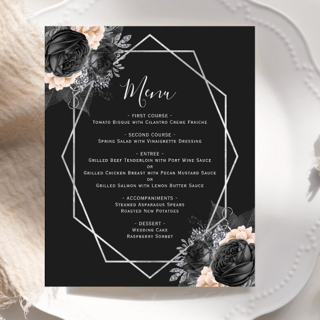 Budget Peach Floral Silver Geo Black Wedding Menü (Von Creator hochgeladen)