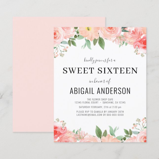 Budget Peach Floral Sweet 16 Geburtstag Einladung (Vorne/Hinten)