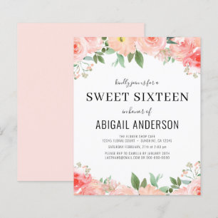 Budget Peach Floral Sweet 16 Geburtstag Einladung