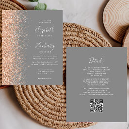 Budget Peach Glitzer Graue QR Code Hochzeit Einlad