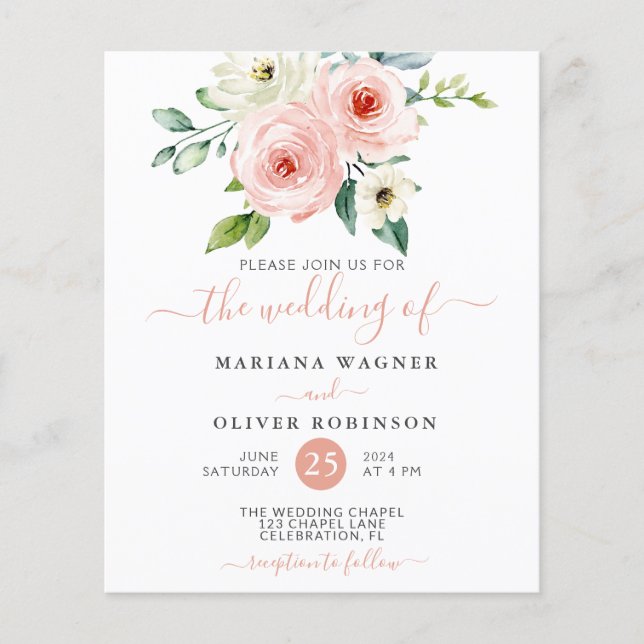 Budget Peach White Watercolor Floral Wedding (Vorderseite)