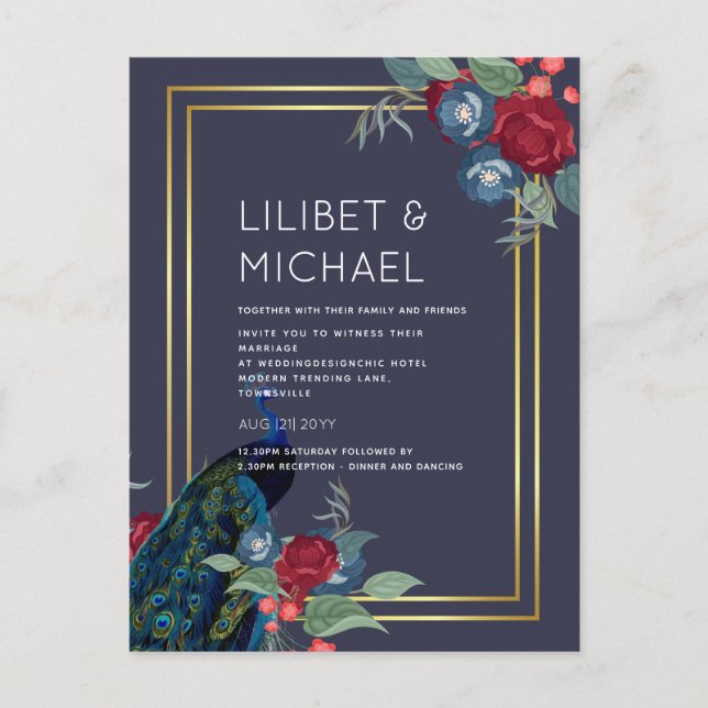 BUDGET Peacock Blue Burgundy Winter Hochzeit im He Postkarte (Vorderseite)