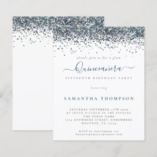 Budget Peacock Blue Glitzer Quinceañera Einladung