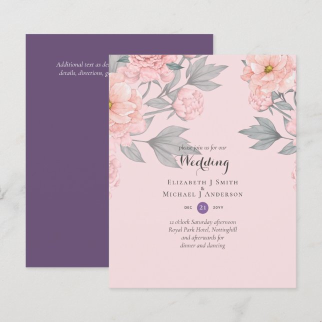 BUDGET PEONIES Pink Sage Peach Wedite Einladung (Vorne/Hinten)