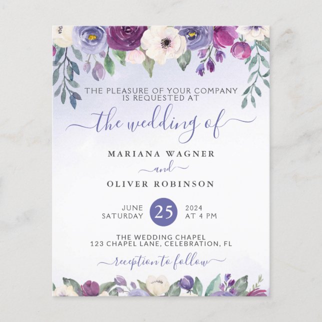 Budget Periwinkle Fuchsia Floral Wedite Einladung Flyer (Vorne)