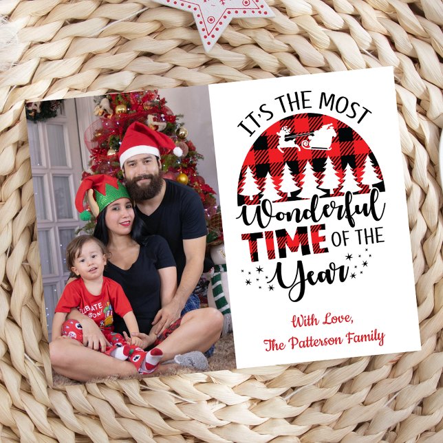 Budget Personalisiert Name Weihnachtskarte (It's The Most Wonderful Time Of The Year, Red & Black, Personalized Christmas Photo Card)