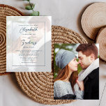 Budget Photo Teal Script Wedding Invitation<br><div class="desc">This simple, minimalist wedding invitation features the text in elegant teal blue script and sans serif typefaces, framed by a thin teal rectangle. Easily replace the sample image with your own photo of the couple. A white screen over the photo helps make the text stand out. The same photo appears...</div>