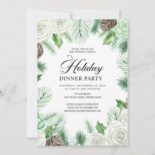 Budget Pine Holly Corporate Dinner Party Einladung (Vorderseite)
