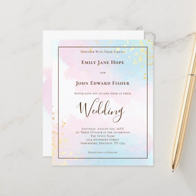 Budget Pink Aquamarin Watercolor Hochzeit Einladun (Vorderseite/Rückseite Beispiel)