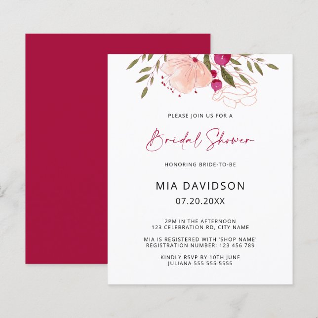 Budget Pink Aquarell Blumenladen Brautparty ein (Vorne/Hinten)