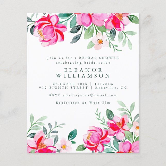 Budget Pink Aquarell Blumenladen Brautparty ein (Vorderseite)