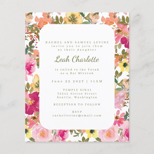 Budget Pink Aquarell Floral Bat Mitzvah Einladung (Vorderseite)