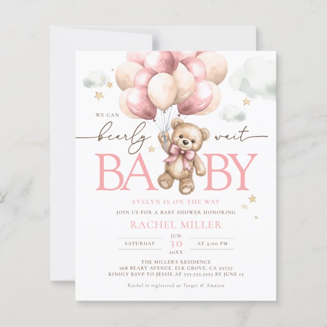 Budget Pink Bear Balloon Baby Girl Dusche Einladun (Vorderseite)