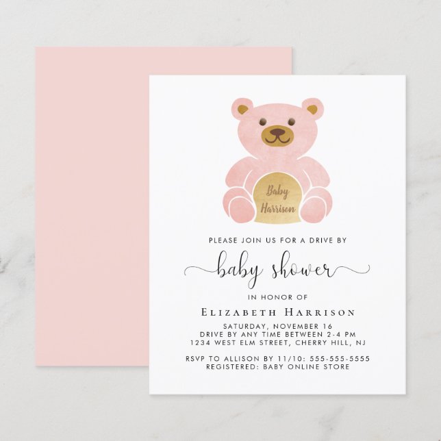 Budget Pink Bear Drive by Baby Dusche Einladung (Vorne/Hinten)