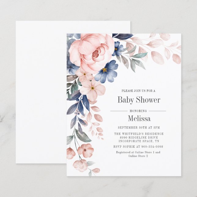 Budget Pink Blue Floral Baby Dusche Einladung (Vorne/Hinten)