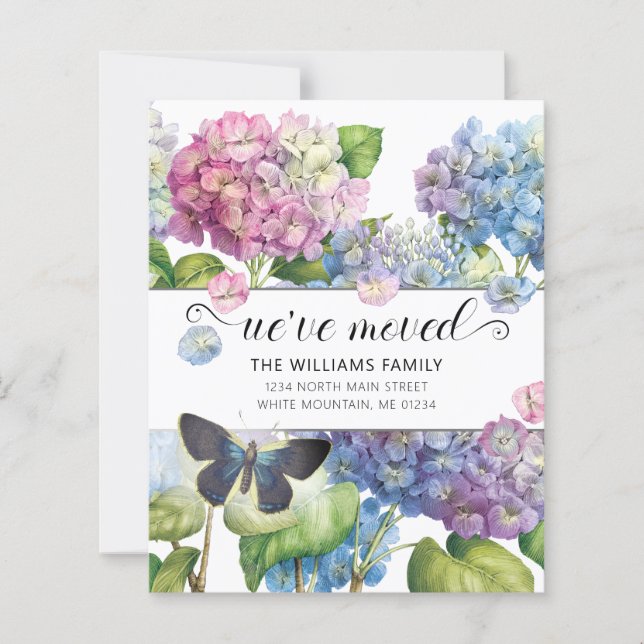 Budget Pink Blue Hydrangea Floral Moving Card (Vorderseite)