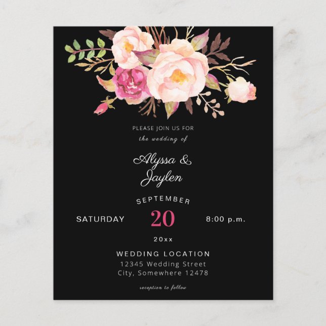 Budget Pink Blush Floral Black Wedding Flyer (Vorne)