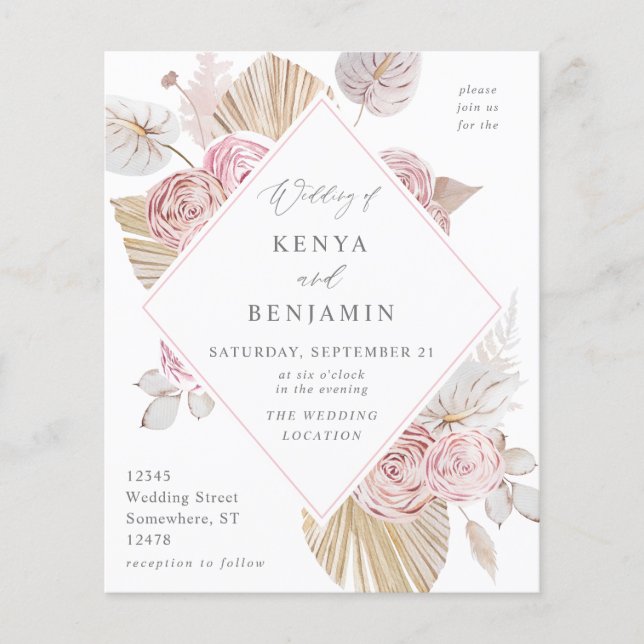 Budget Pink Boho Floral Wedding Flyer (Vorne)