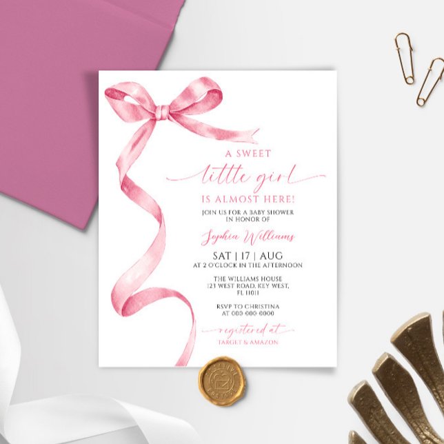 Budget Pink Bow Sweet Girl Baby Dusche Einladung (Von Creator hochgeladen)